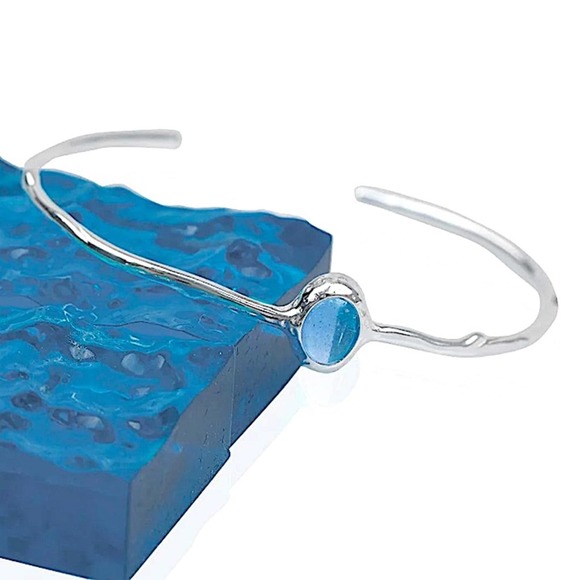 Sterling Silver Aquamarine Bangle Bracelet, Cuff, Blue Topaz, Minimalist - Picture 2 of 7